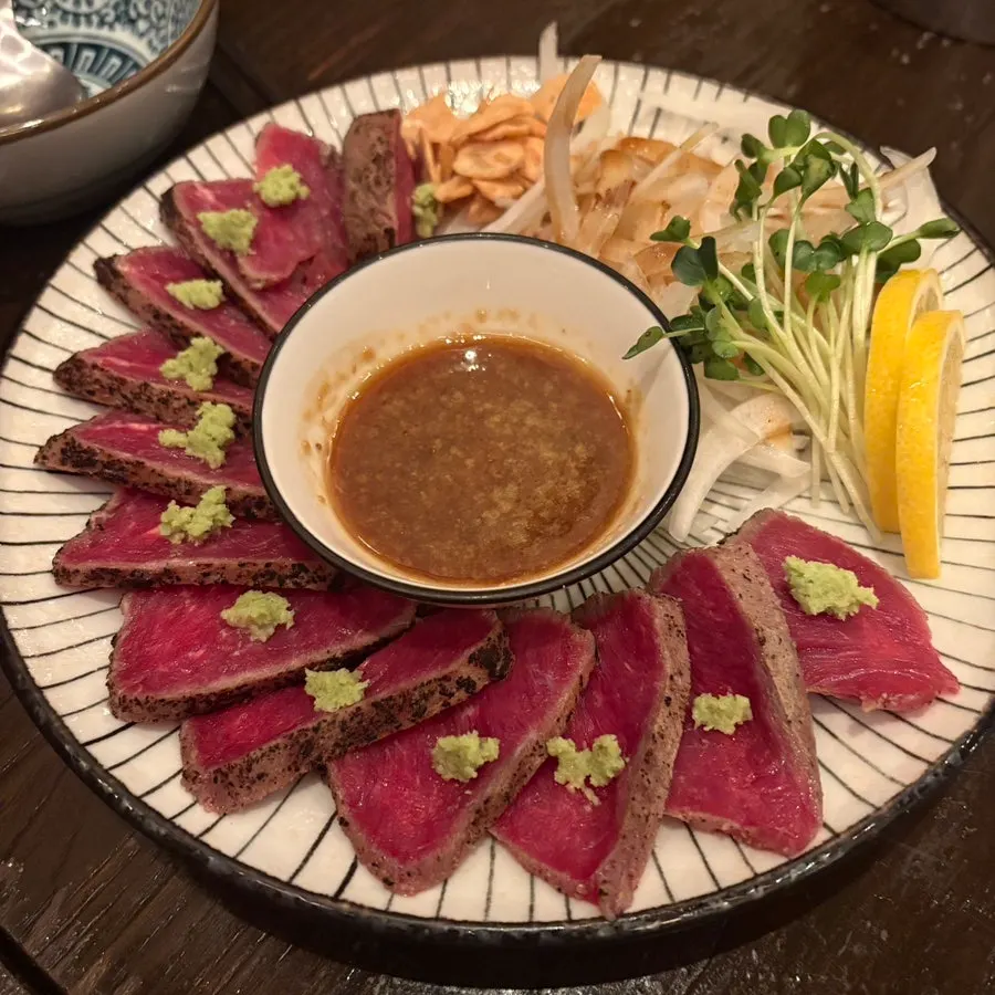 Beef tataki plated on a dish