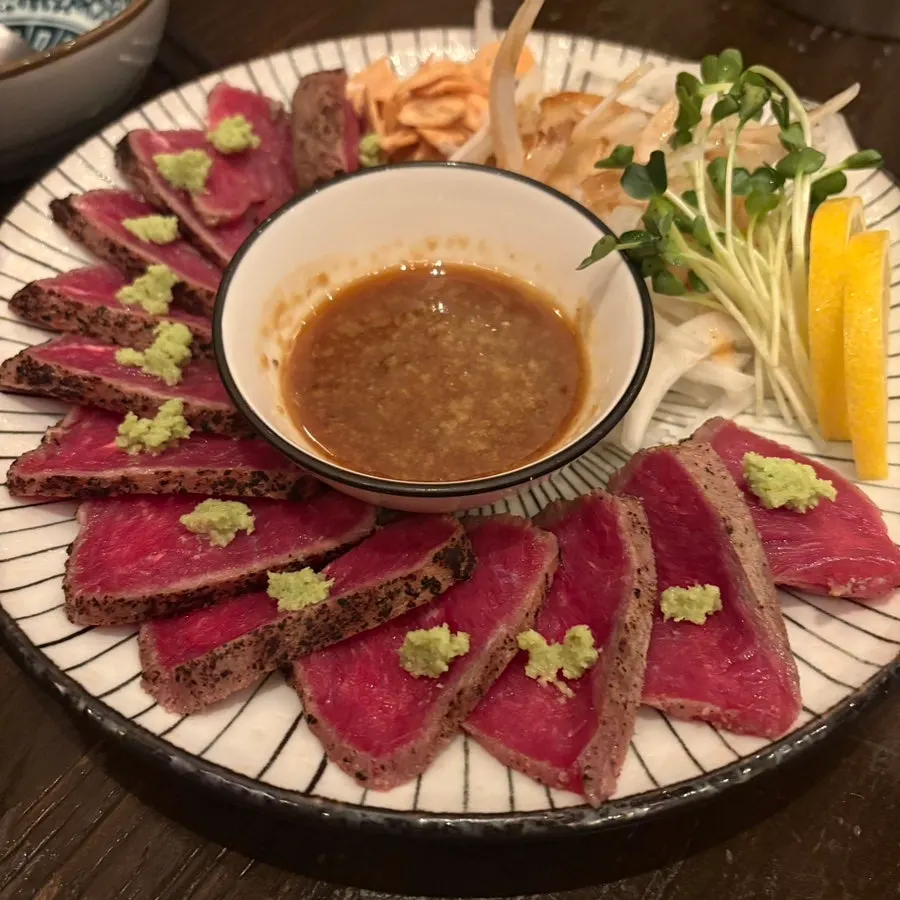 Close-up of the lightly seared beef tataki