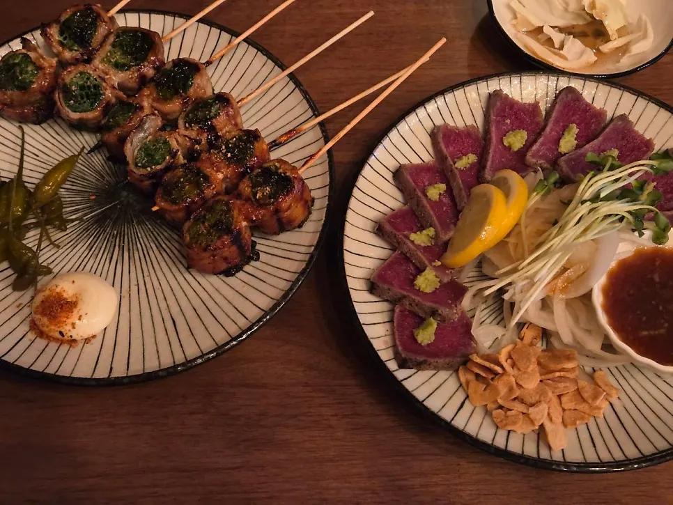 Beef tataki and skewers set on the table