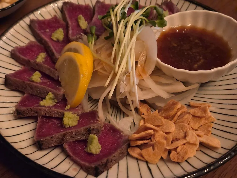 Close-up of seared-outside beef tataki