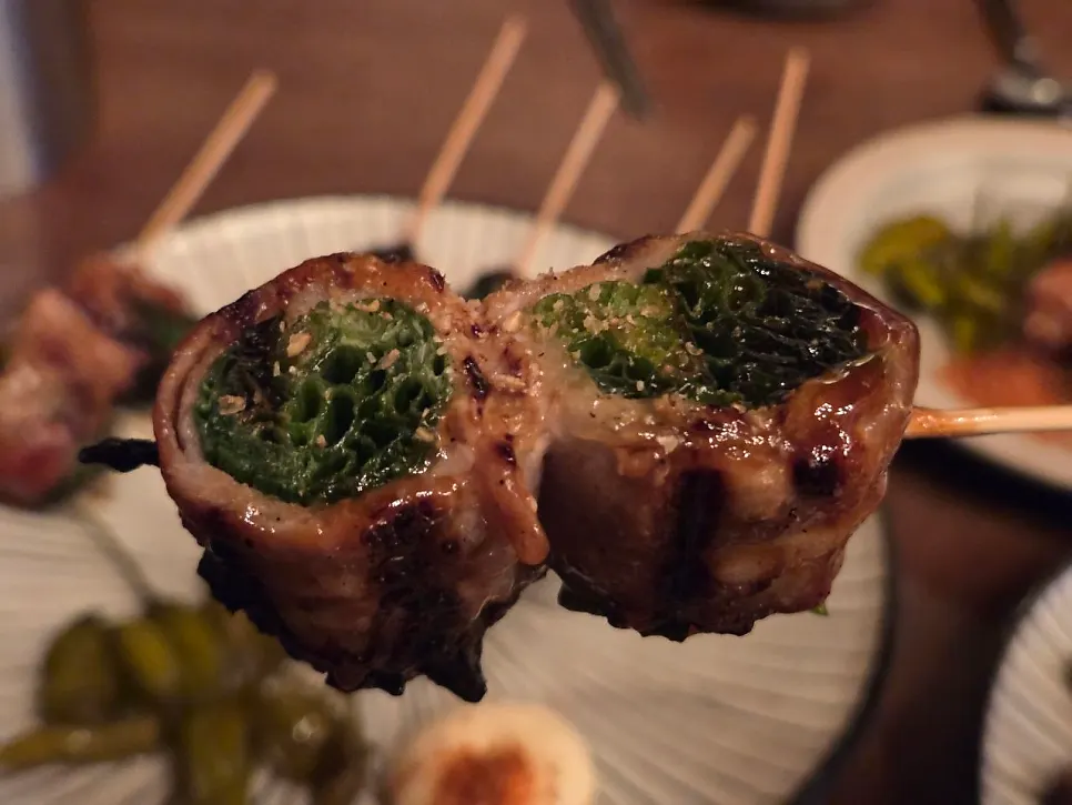 Cross-section of the pork belly scallion skewer