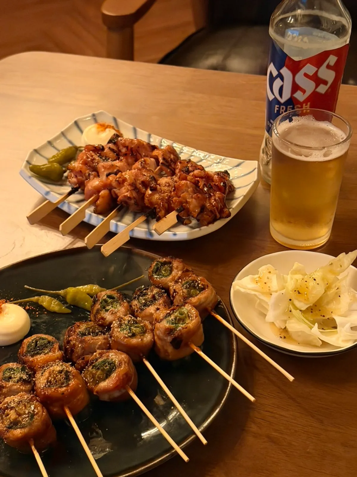 Nicely browned chicken skewers