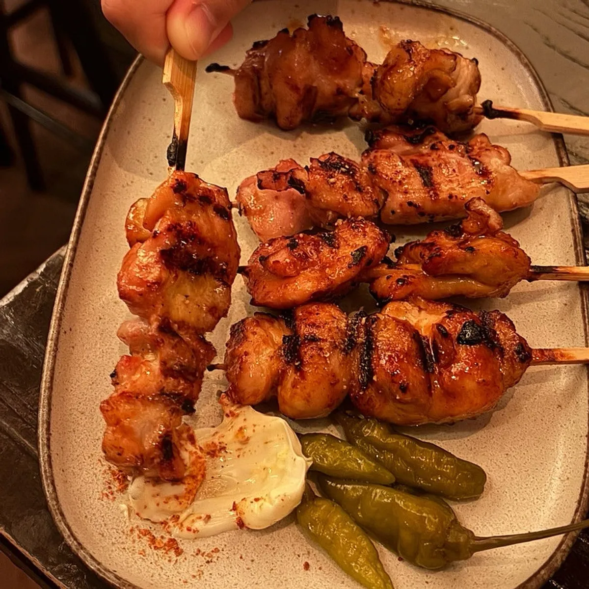 숯불에 구운 닭다리꼬치 클로즈업