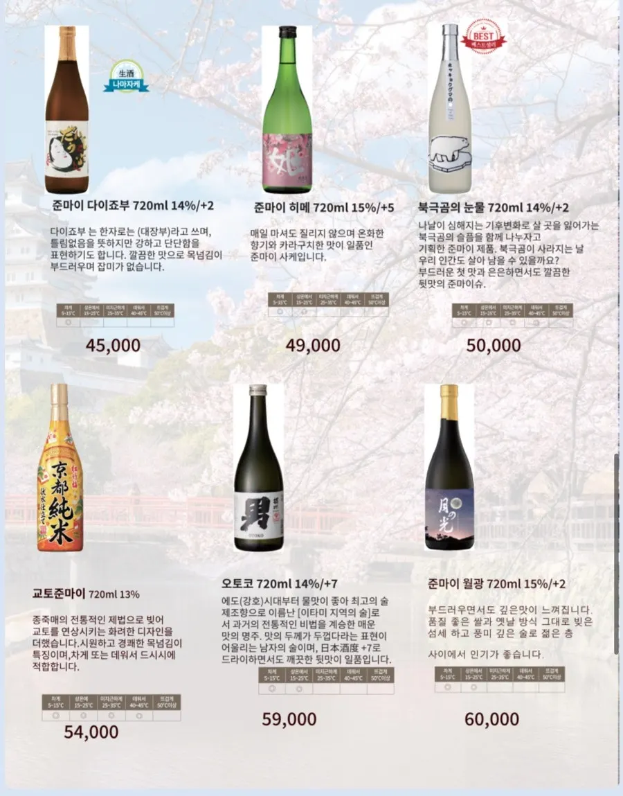 주류 메뉴가 적힌 메뉴판
