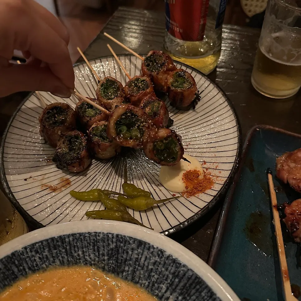 A light, easy-to-eat bite of pork belly-scallion skewer
