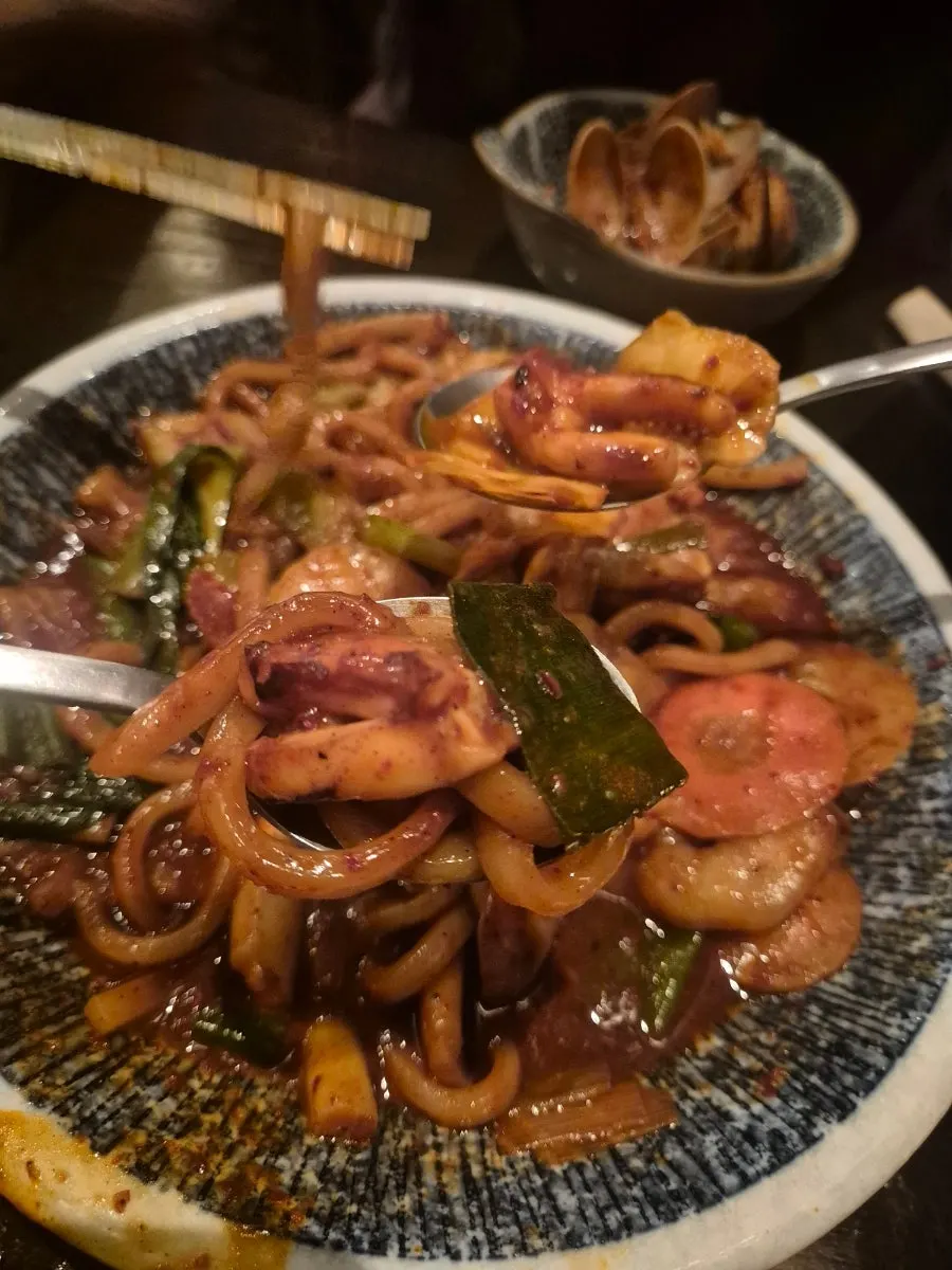 Yaki udon noodles stir-fried together with cabbage