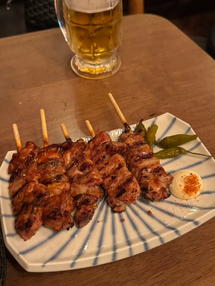 데리야끼 소스를 바른 삼겹쪽파꼬치 클로즈업