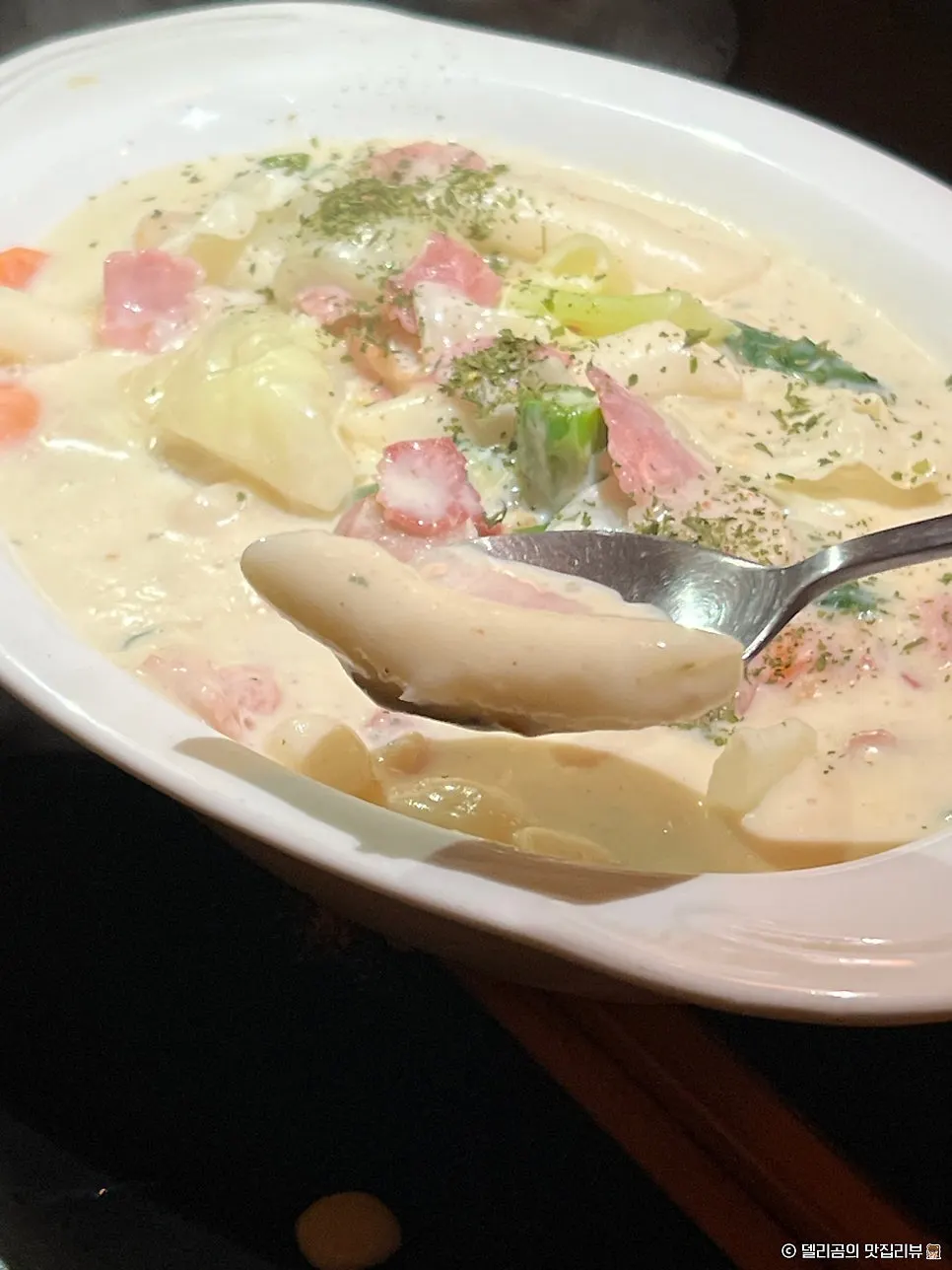 Close-up of bacon cream tteokbokki