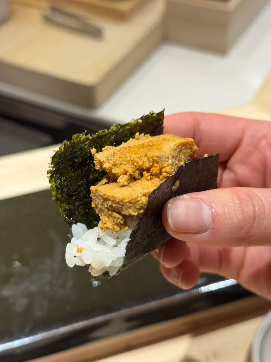 Monkfish liver wrapped in seaweed, caught by hand