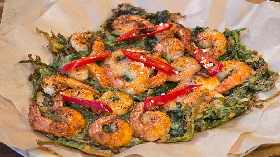 Jeon with fragrant minari and shrimp