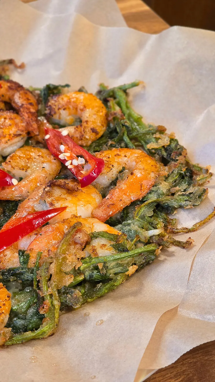 Minari shrimp jeon with a crispy edge