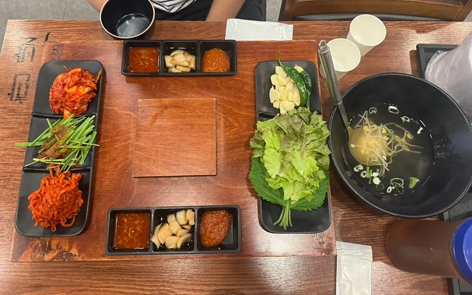 Full spread of banchan at Gwihan Jokbal Yeongdeungpo