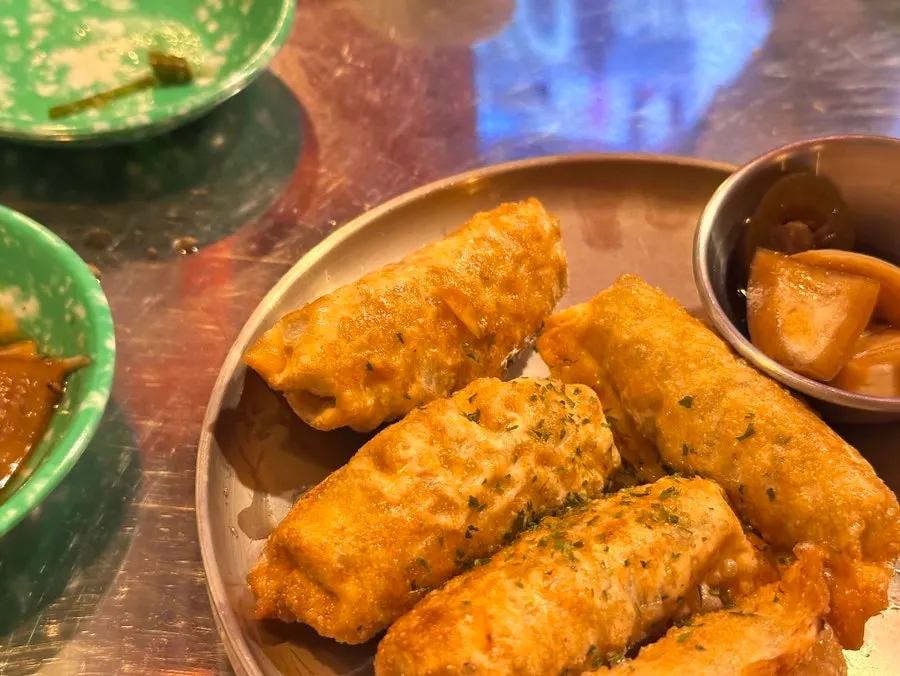 Plate of crispy scallop shrimp scallion pancake