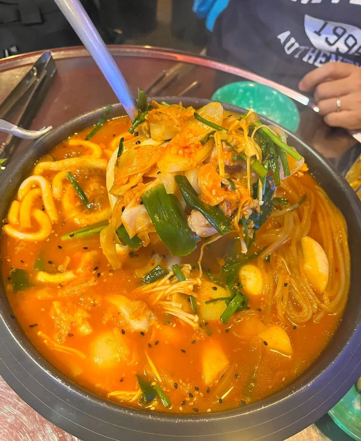 Close-up of the spicy dakdoritang broth