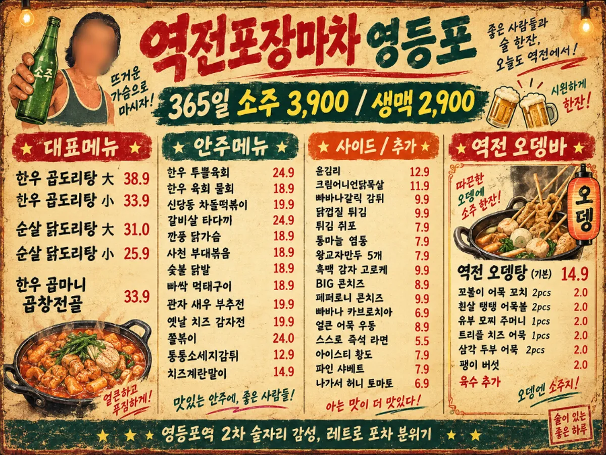 Menu board at Yeokjeon Pojangmacha Yeongdeungpo