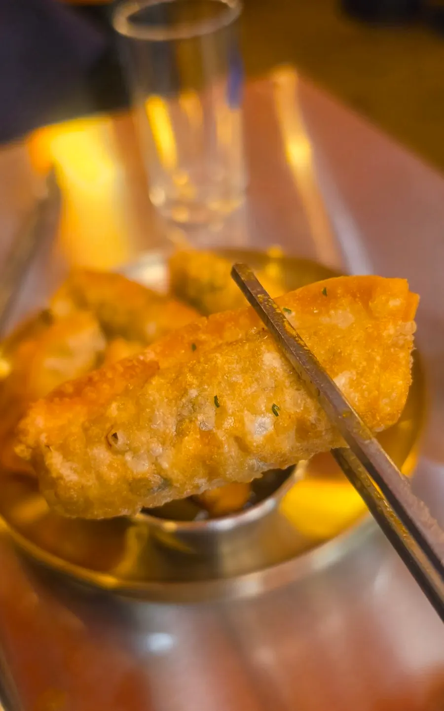 Plate of crispy pan-fried wang mandu