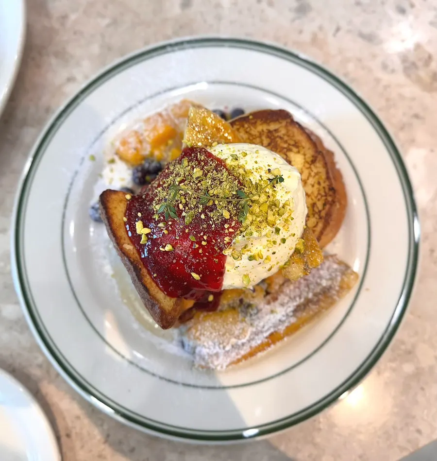 Full plate view of Mela's brioche toast