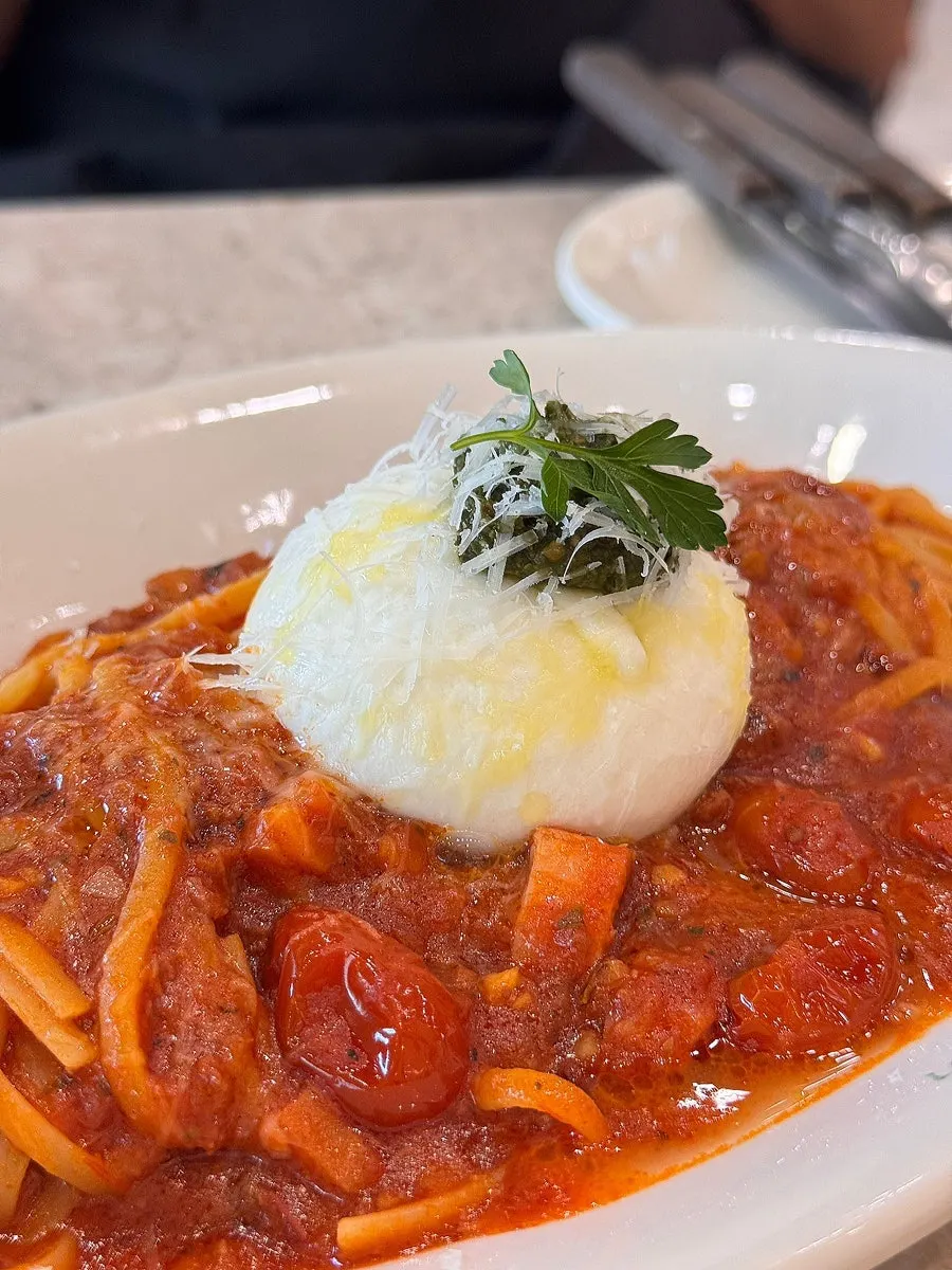 Arrabbiata noodles mixed with bacon