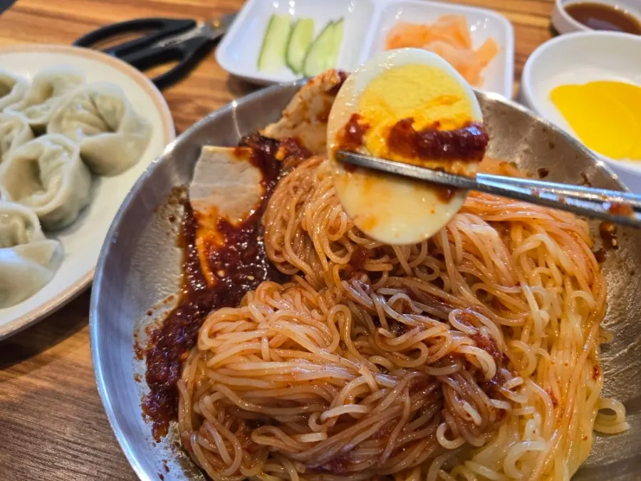 젓가락으로 들어올린 쫄깃한 밀면 면발