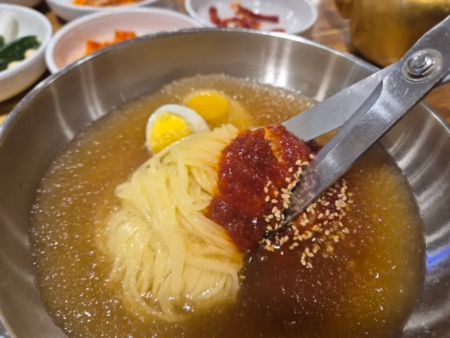 밀면 육수와 고명 클로즈업