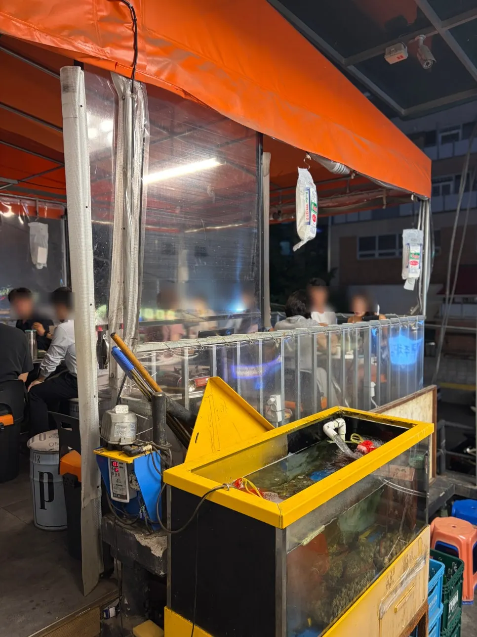Seafood tank and the outdoor terrace under a tent