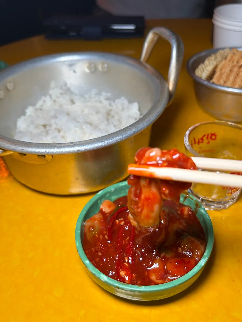 Rice served in a big metal bowl