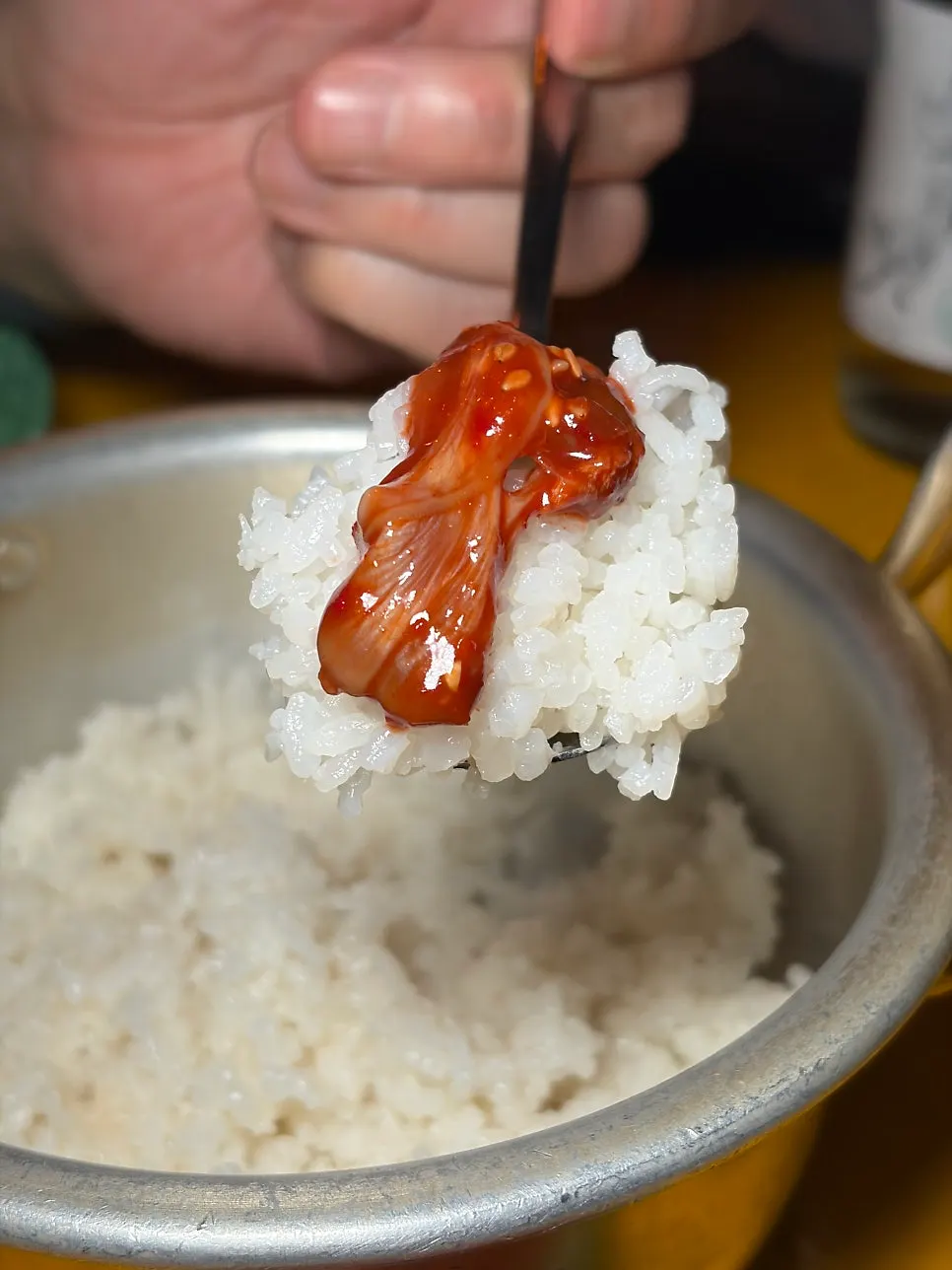 A plate of spicy oyster jeot served first