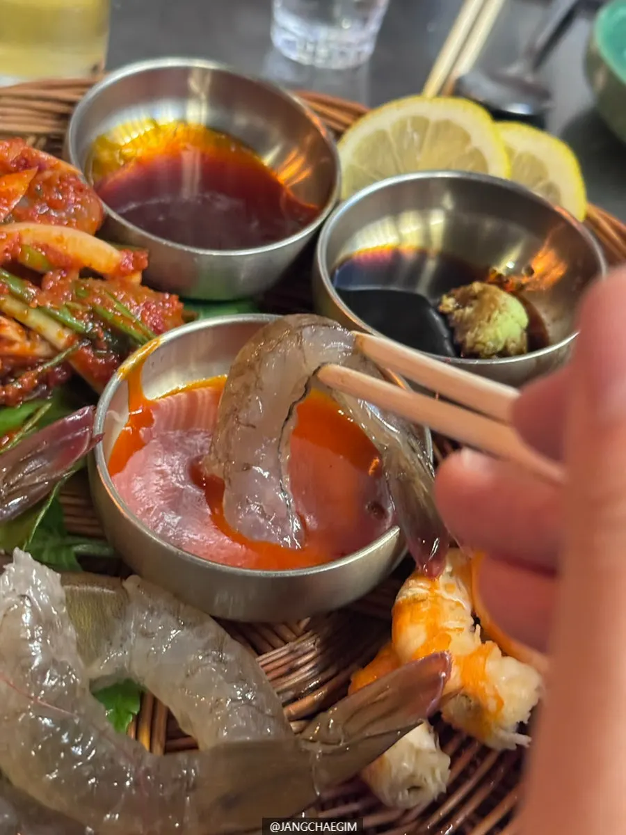 Close-up of plump raw shrimp sashimi