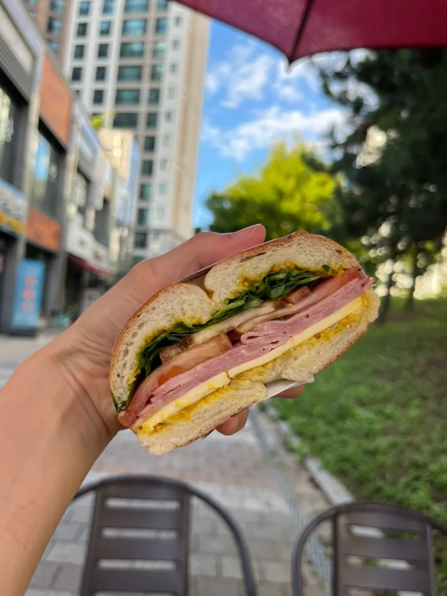 Cross-section of a fully packed jambon rocket tomato sandwich