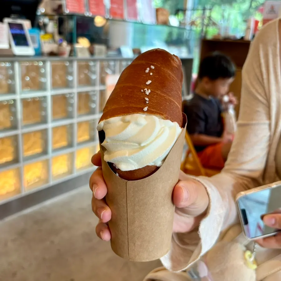 Cross-section of salt bread filled with ice cream