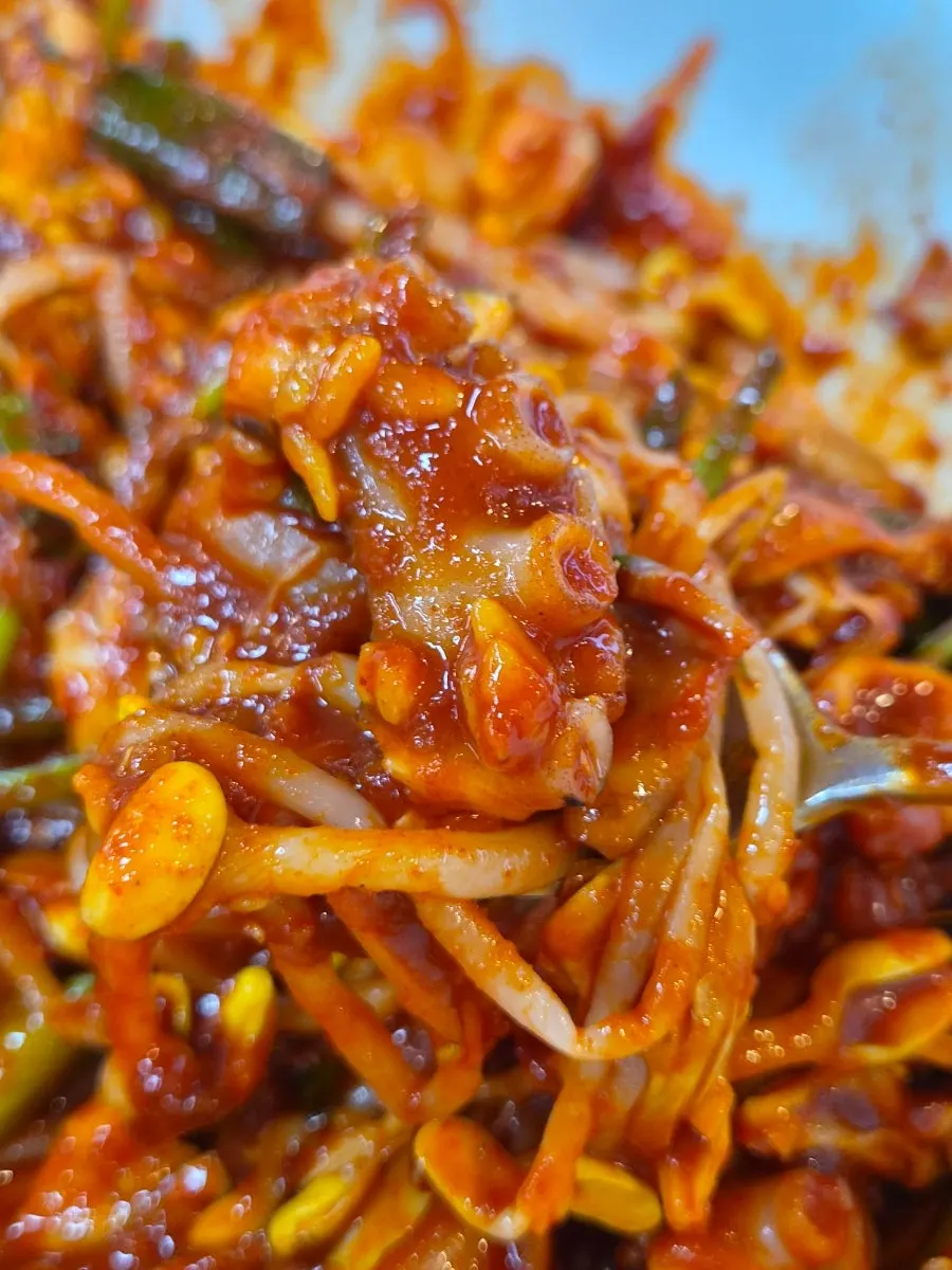 A bowl of rice mixed with octopus stir-fry