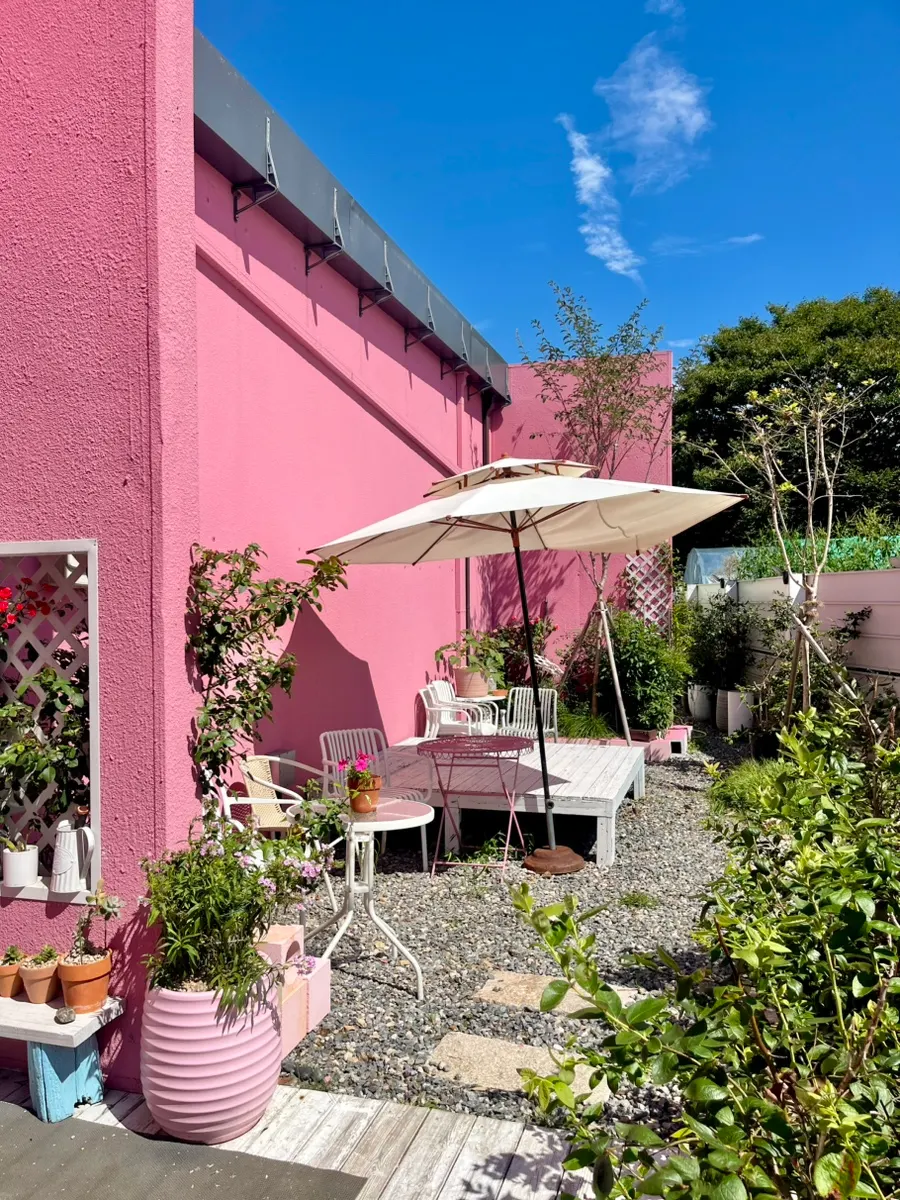 Blue sky and pink walls