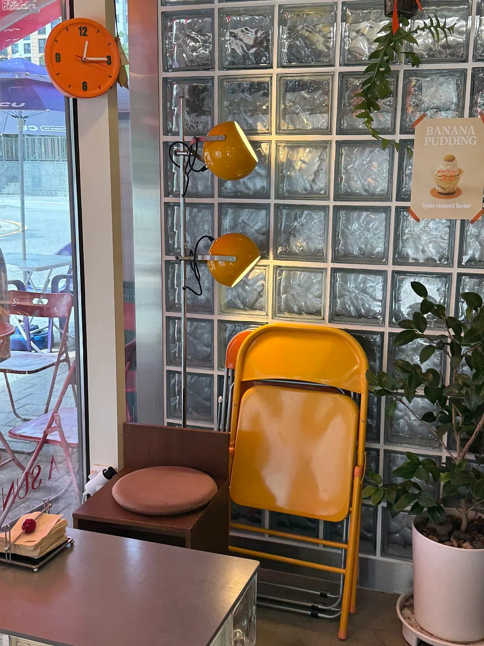 Bright café interior with high ceilings