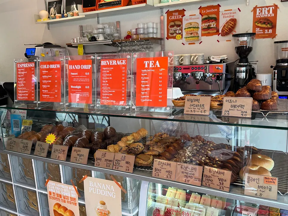 Baked pastries displayed in the showcase