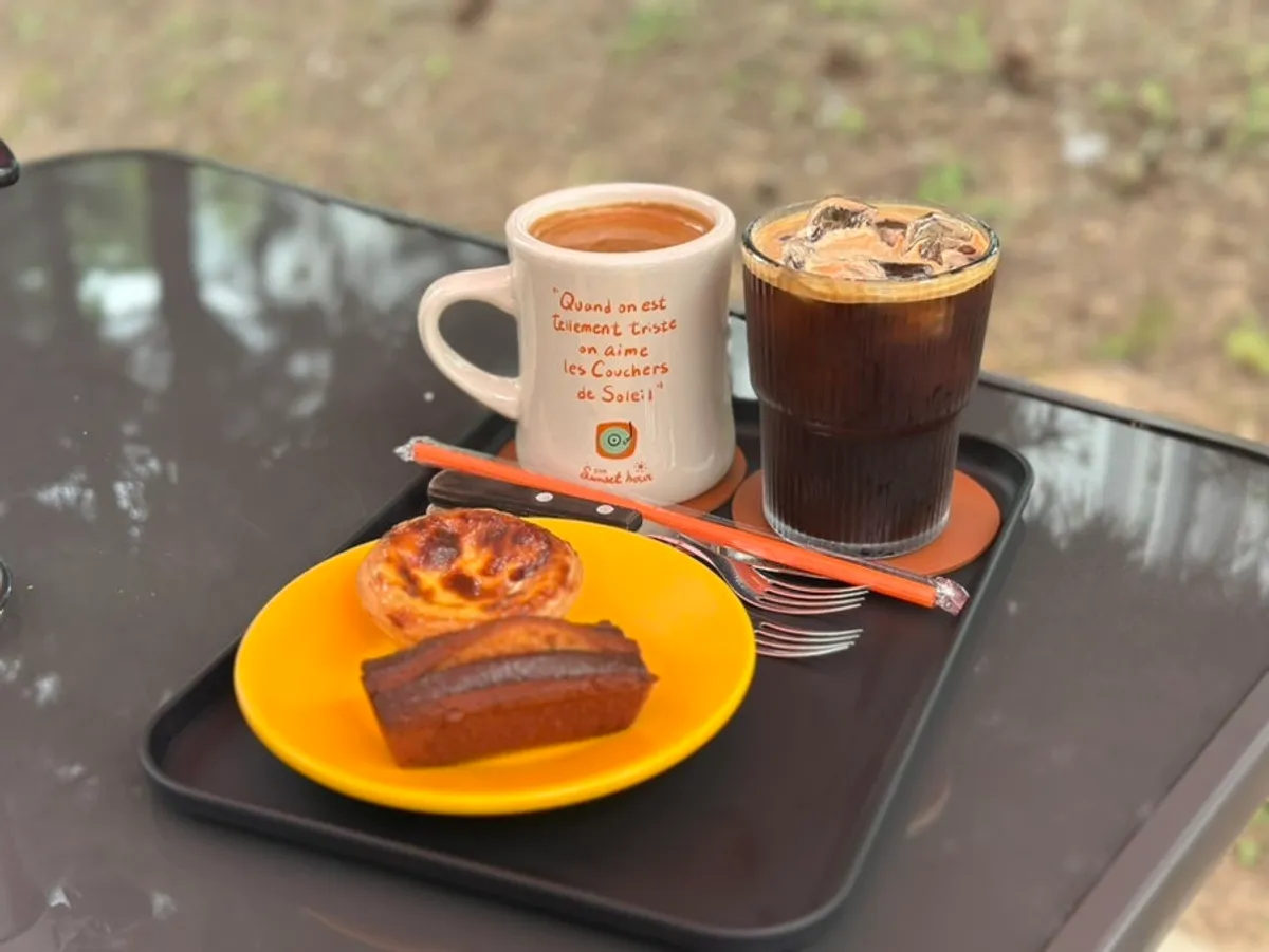 Americanos, egg tart, and chocolate financier