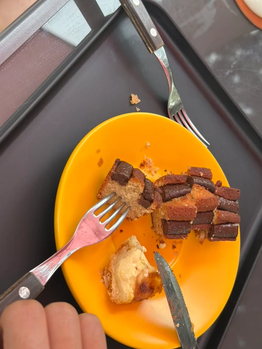 Egg tart cross-section and chocolate financier