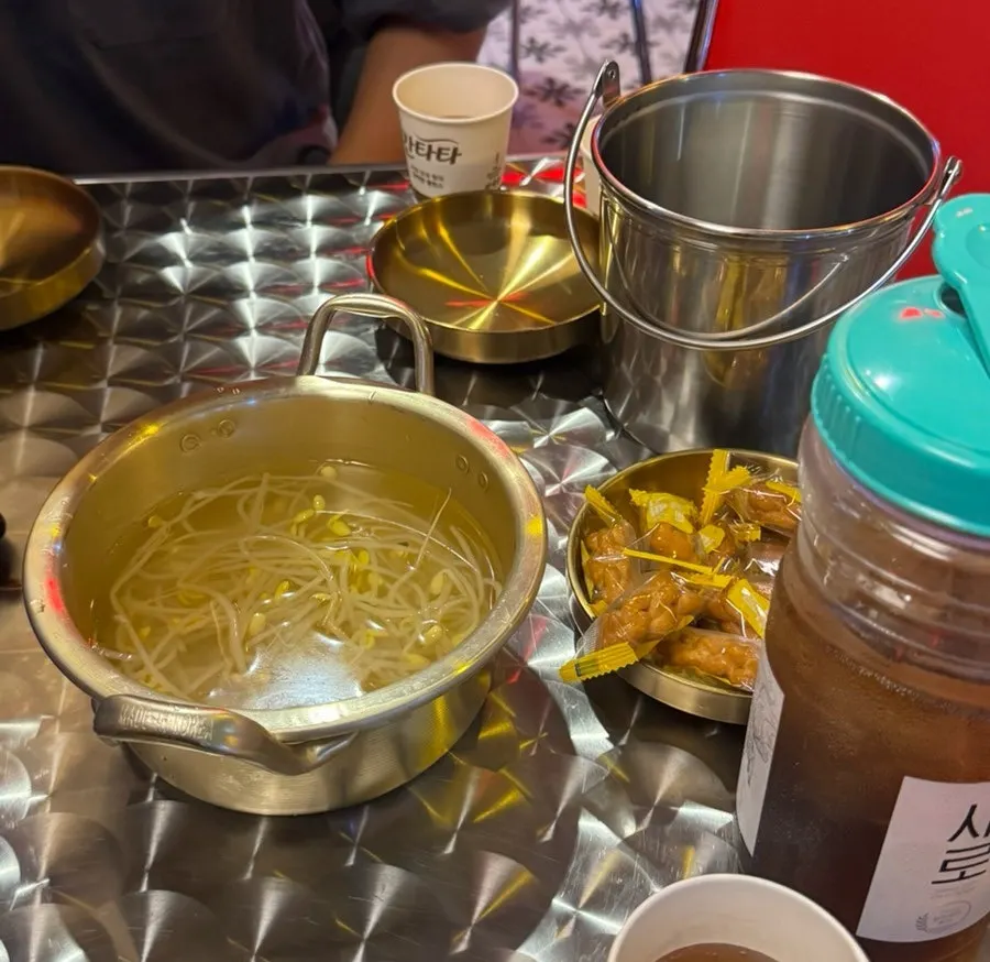Boneless chicken feet spread served with eggs and bean sprout soup