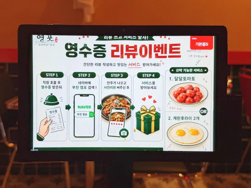 Yeongpo's menu board listing basil baeksuk, kimchi jjim, and crab stew