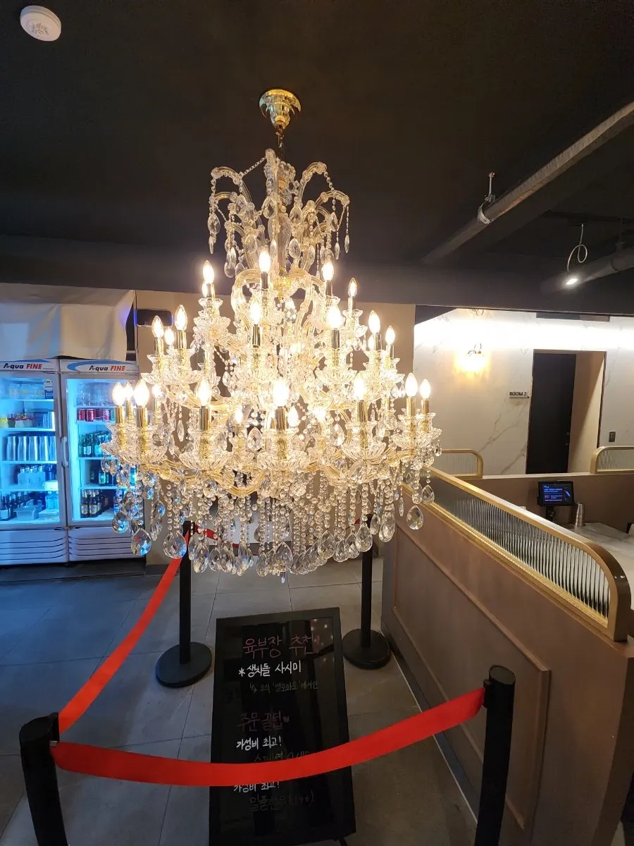 Entrance with chandelier lighting and marble-toned walls