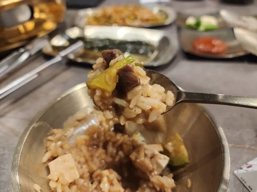 Inside the doenjang sulbap with tofu and zucchini