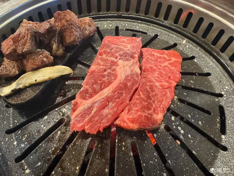 Beef grilling on the grill plate