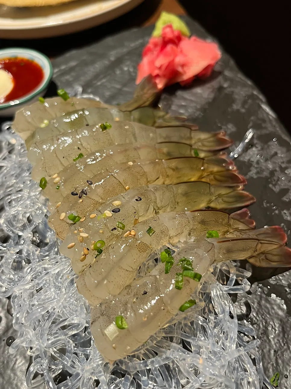 Peeled, translucent body of a live sweet shrimp