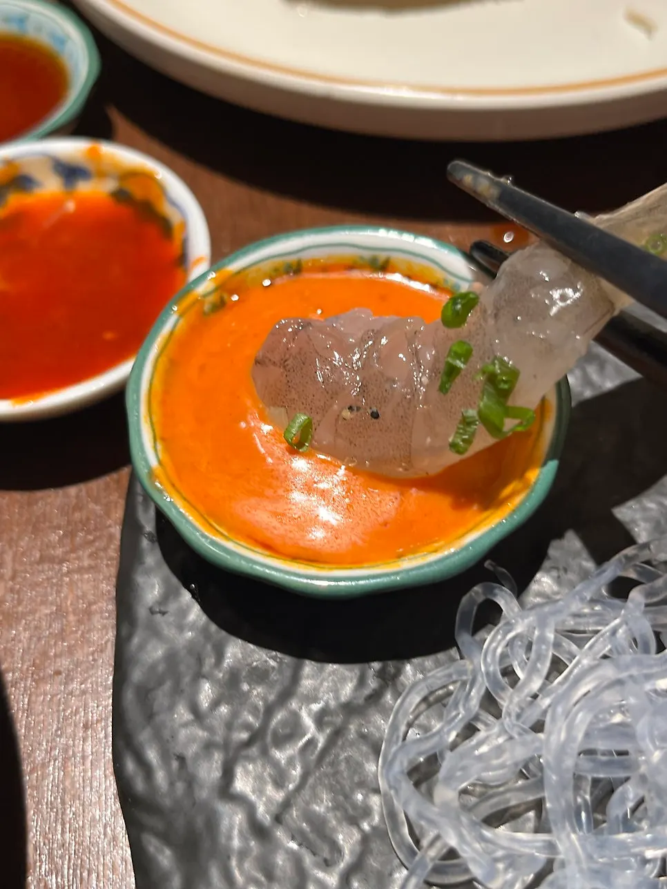 Prepared live sweet shrimp sashimi with buldak mayo sauce