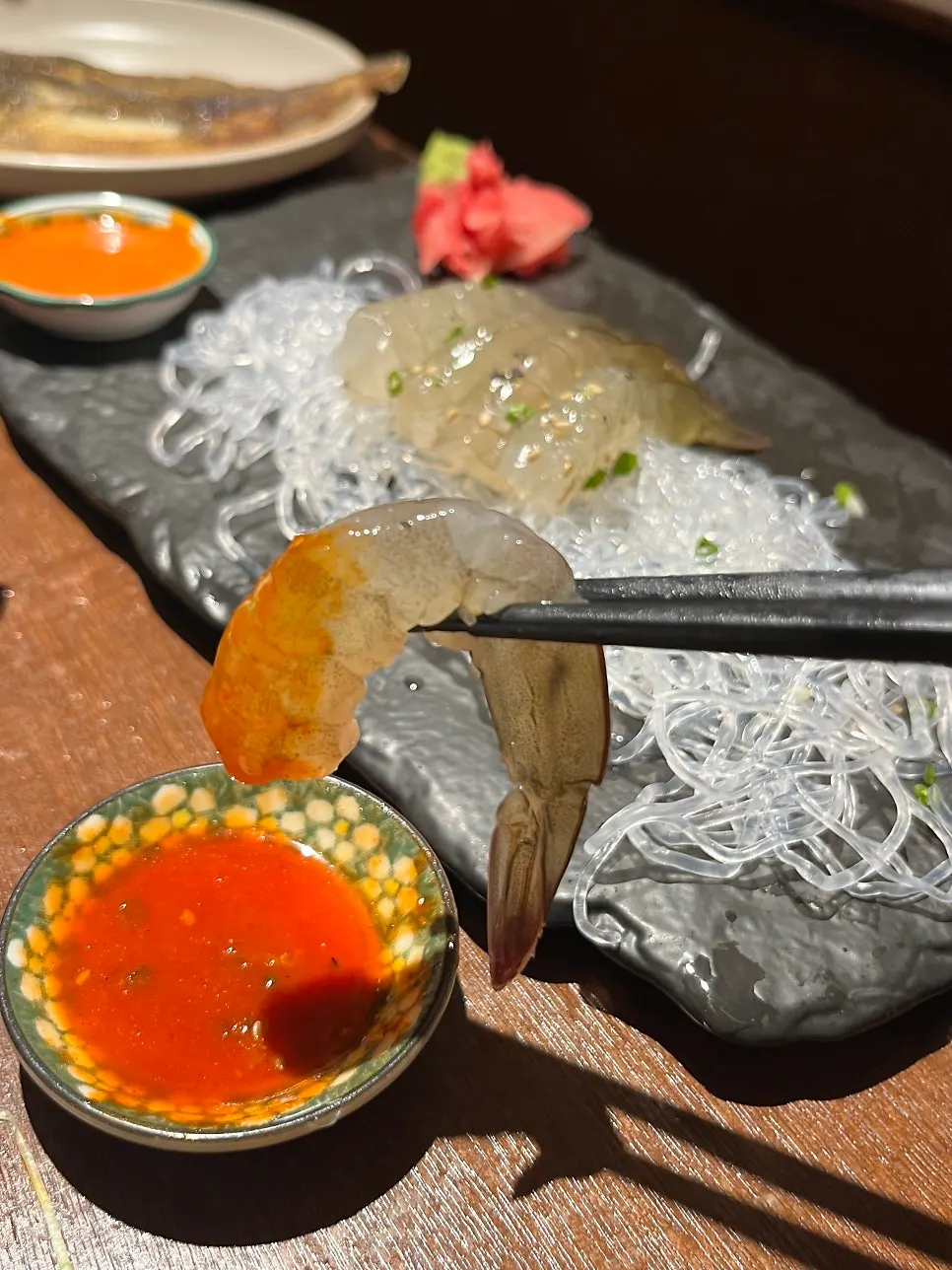 Close-up cross-section of live sweet shrimp sashimi