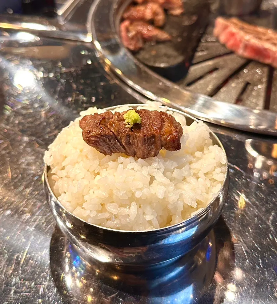Pieces of beef being grilled