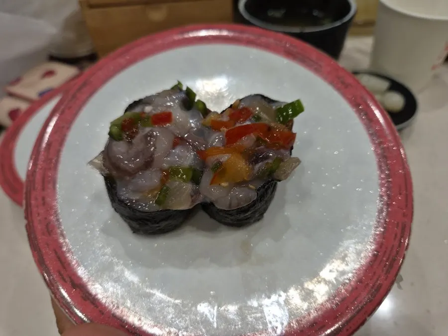 Close-up of aged kimchi octopus sushi