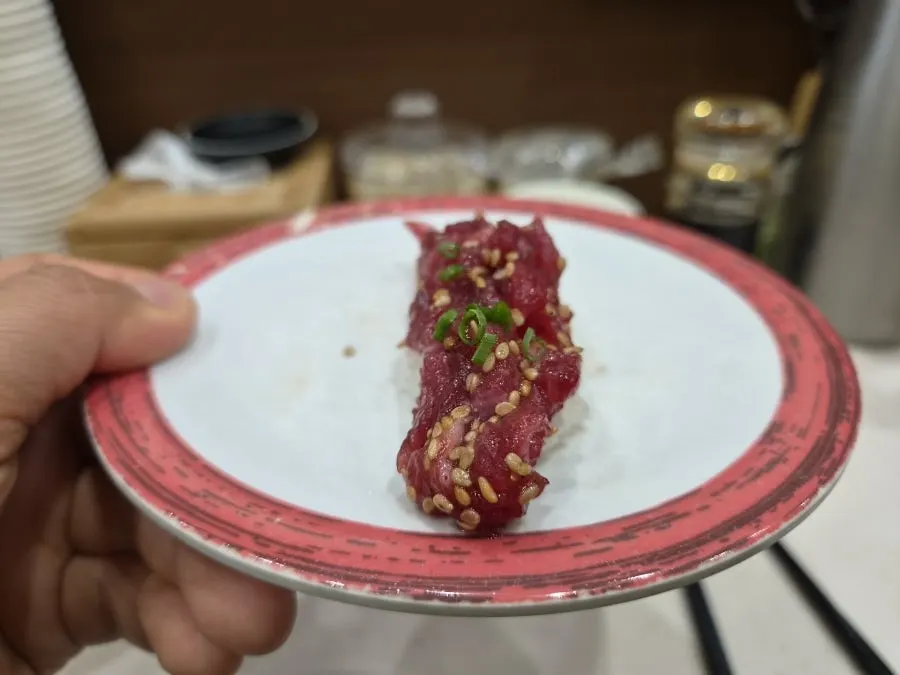 A plate of fresh raw salmon sushi