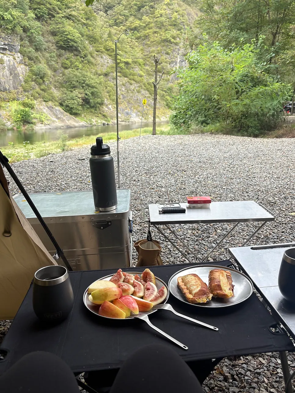 Camping dinner table with ramyeon