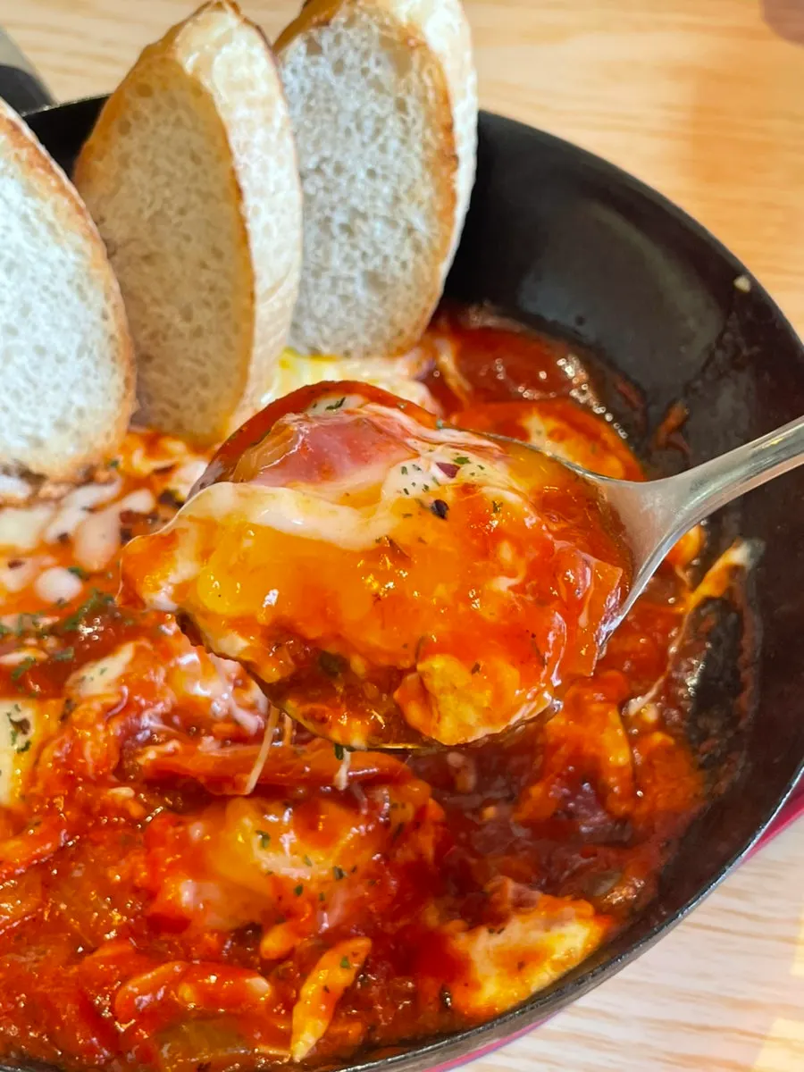 Shakshuka with pepperoni and egg