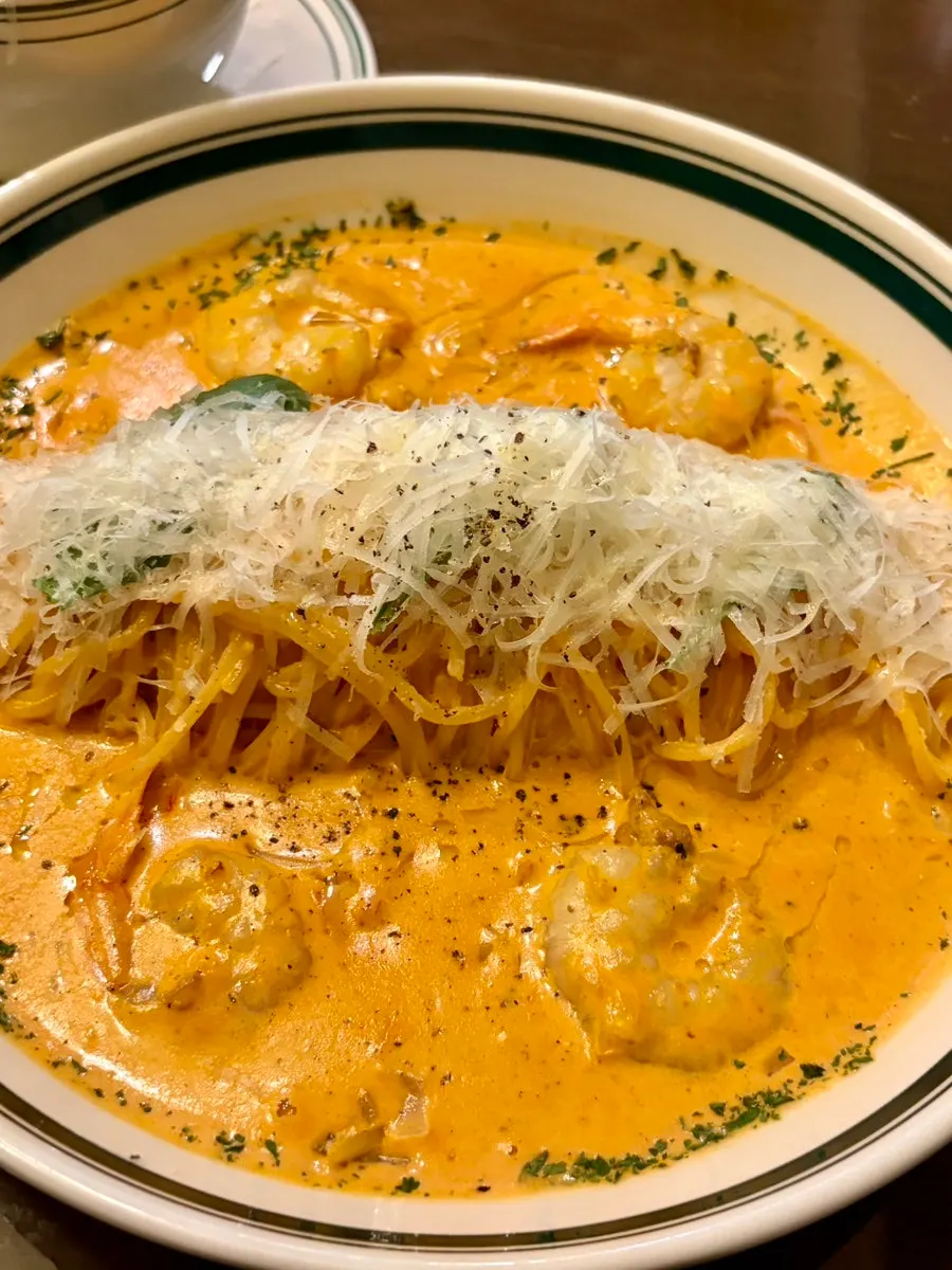Full view of the Cajun shrimp rosé pasta
